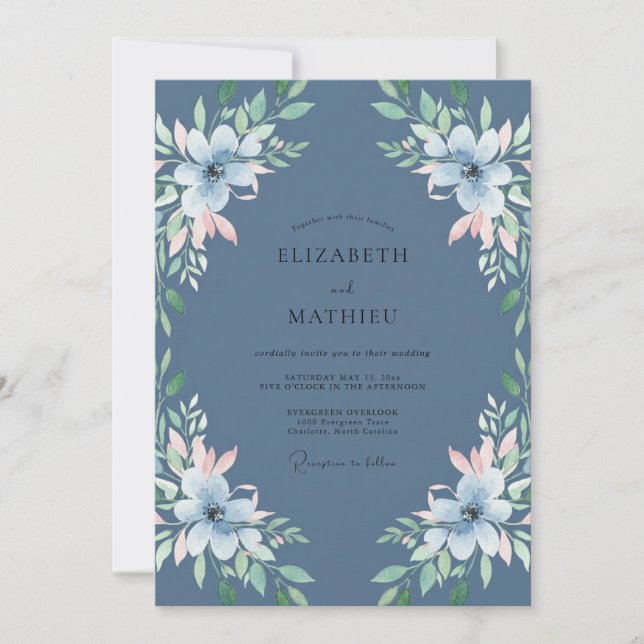 Slate Cornflower Leaf Wedding Invitation (Front)