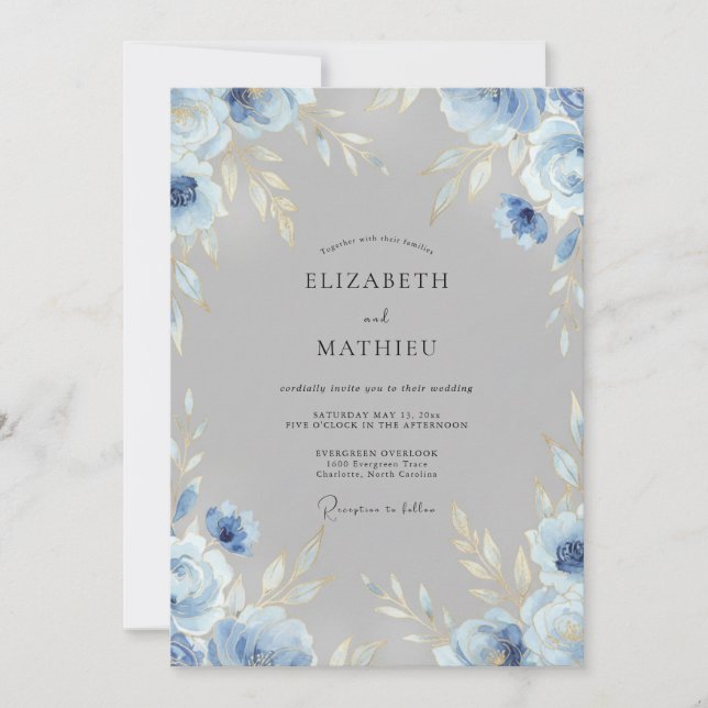 Slate Cornflower Leafy Wedding Invitation (Front)
