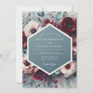 Slate & Crimson Artistic Bloom Wedding Invitation