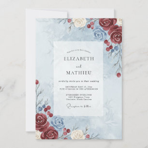 Slate Deep Burgundy Peony Wedding Invitation