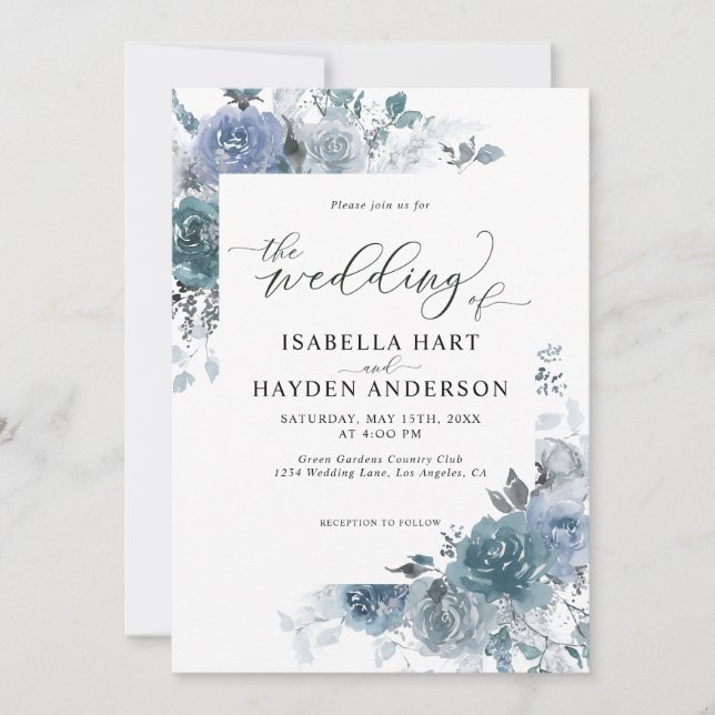 Slate Dusty Blue Boho Pastel Pampas Floral Wedding Invitation (Front)