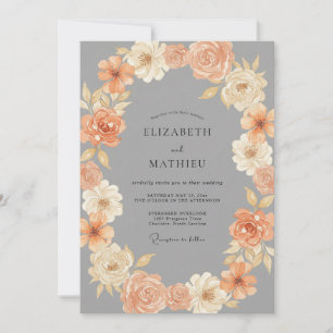 Slate Dusty Peach Wreath Wedding Invitation