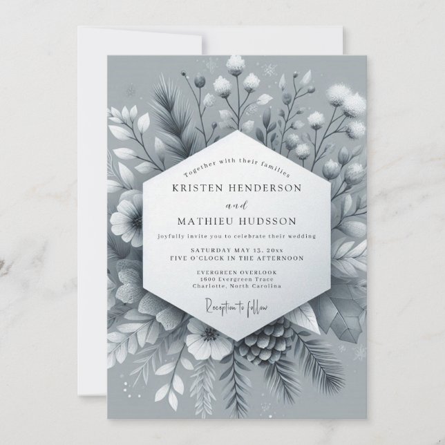 Slate Frosted Bloom Wedding Invitation (Front)