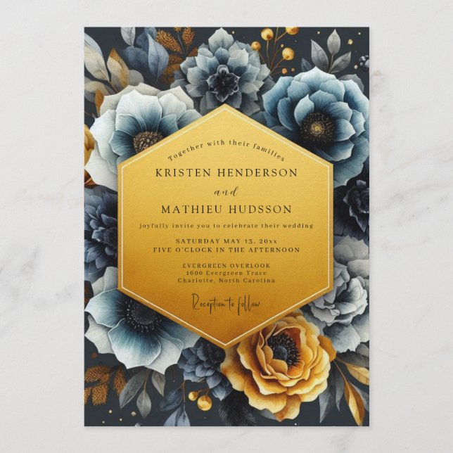 Slate Gold Moody Bloom Wedding Invitation (Front)