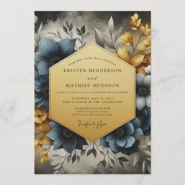 Slate & Gold Painterly Bloom Wedding Invitation (Front)