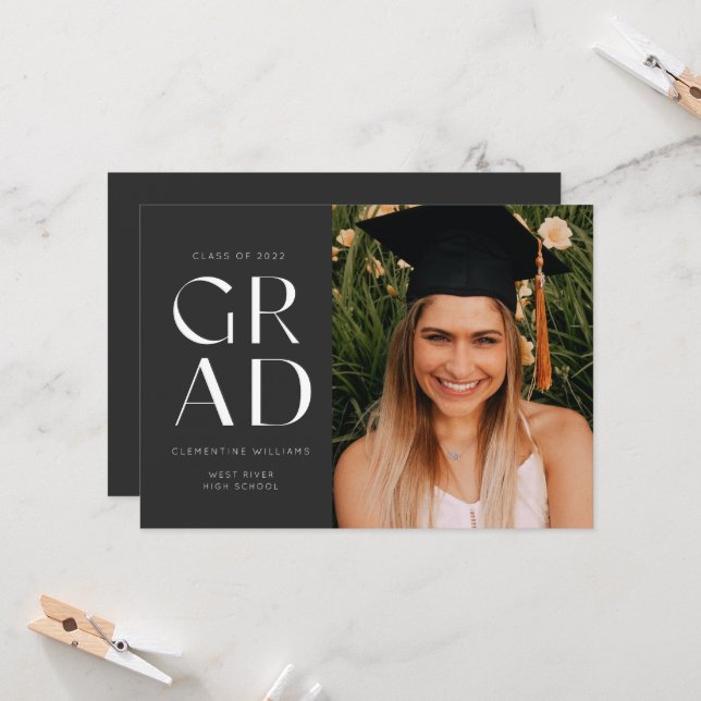 Slate Grad Block Modern Photo Graduation Invitation (Front/Back In Situ)