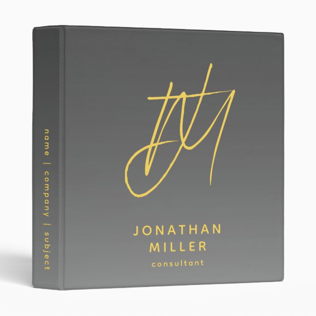 Slate Gray and Mustard Modern Monogram 3 Ring Binder (Front/Spine)