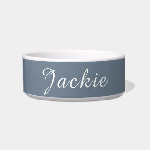 Slate Gray and White Minimal Handwritten Name Pet Bowl