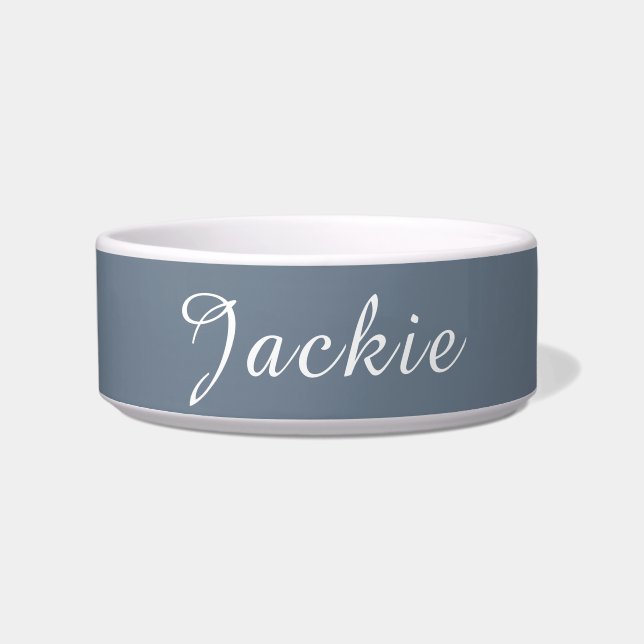 Slate Gray and White Minimal Handwritten Name Pet Bowl (Front)