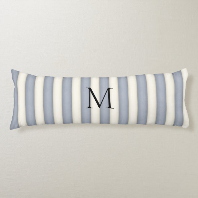 Slate Gray & Antique White Stripes Monogrammed Body Pillow (Front)