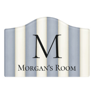 Slate Gray & Antique White Stripes Monogrammed Door Sign