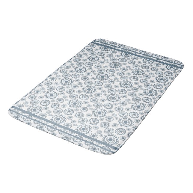 Slate Gray Blue Circle Flower Pattern  Shower Curt Bath Mat (Angled)