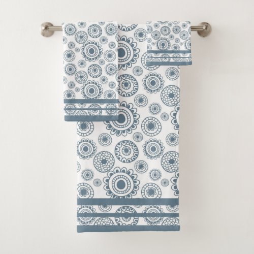 Slate Gray Blue Circle Flower Pattern  Shower Curt Bath Towel Set