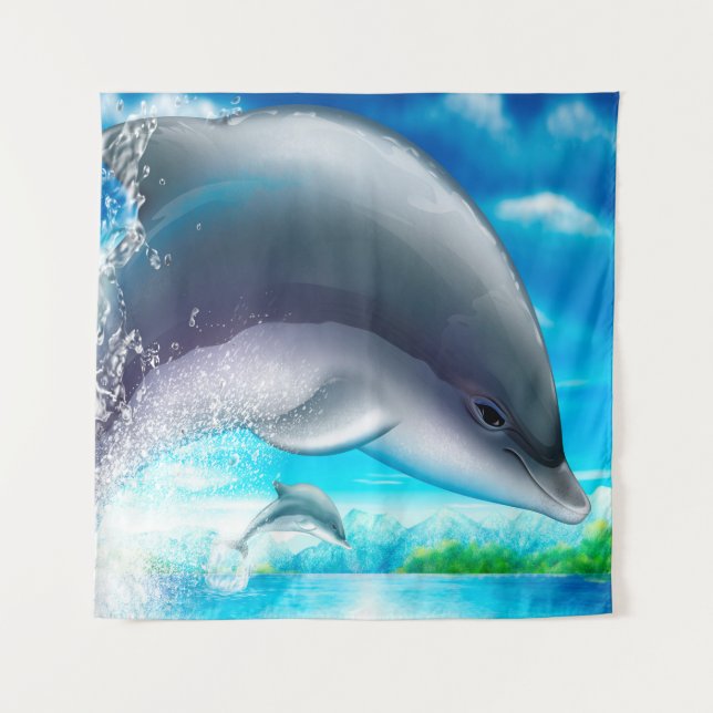 Slate Gray Blue Ocean Dolphins Tapestry (Front)