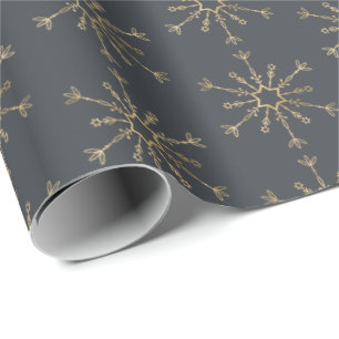 Slate Gray Charcoal Gold Snowflake Wrapping Paper
