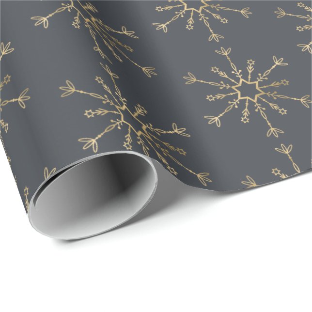 Slate Gray Charcoal Gold Snowflake Wrapping Paper (Roll Corner)