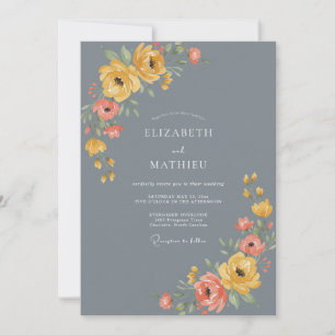 Slate Gray Floral Bloom Wedding Invitation