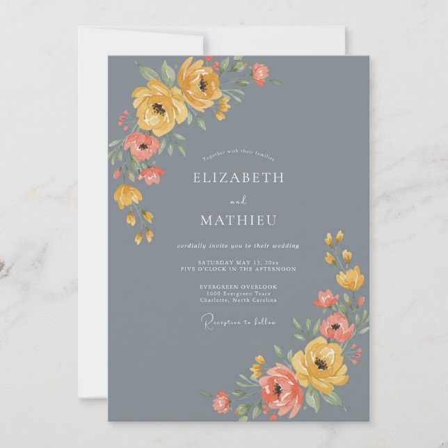 Slate Gray Floral Bloom Wedding Invitation (Front)