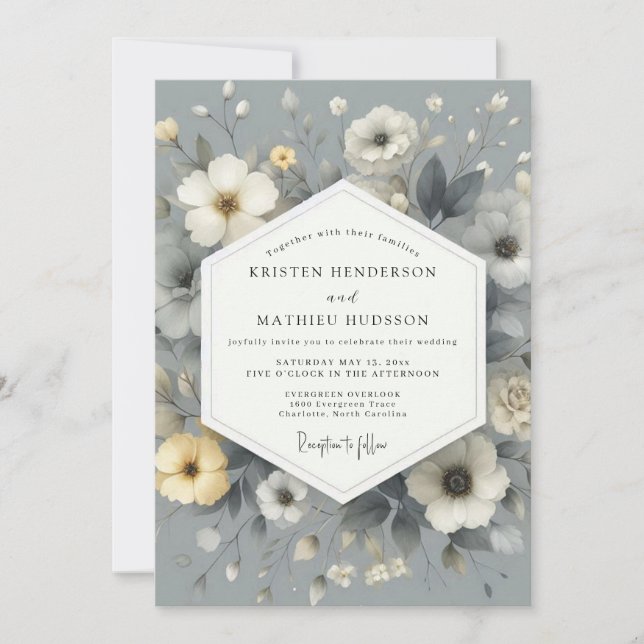 Slate Gray Floral Wedding Invitation (Front)