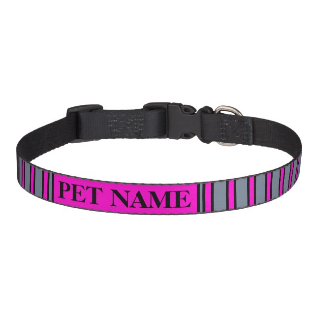 Slate Gray Fuchsia Elegant Stripes Name Cat Dog Pet Collar (Front)