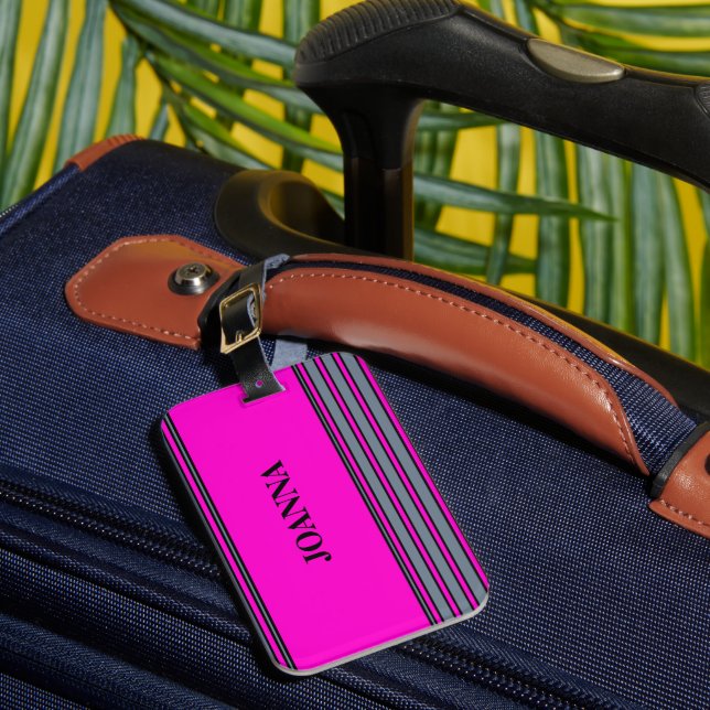 Slate Gray Fuchsia Elegant Stripes Name  Luggage Tag (Front Insitu 1)