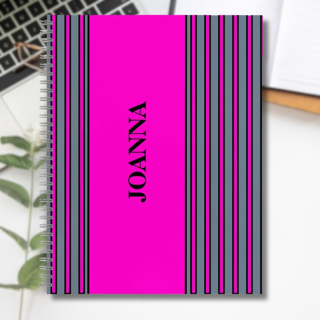 Slate Gray Fuchsia Elegant Stripes Name  Notebook (Creator Uploaded)