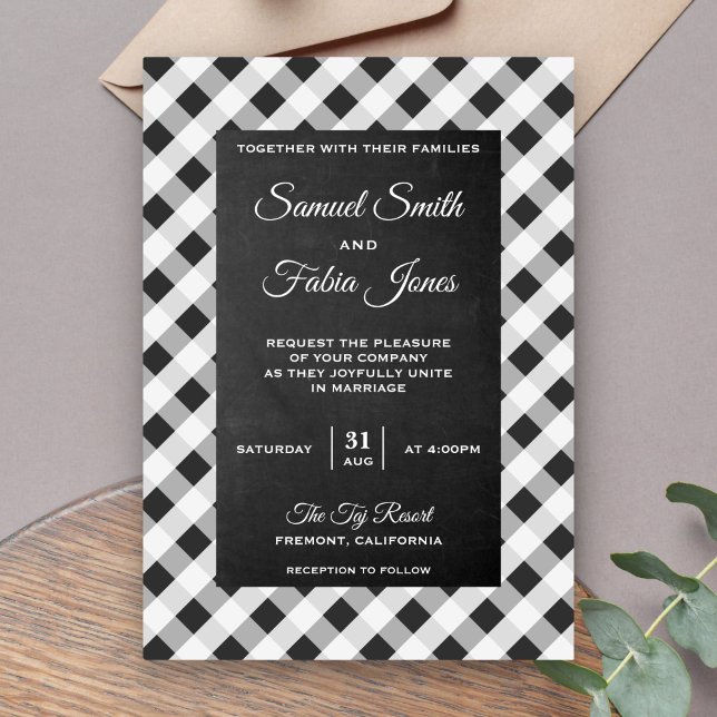 Slate Gray Gingham Chalkboard Wedding Invitation (Creator Uploaded)