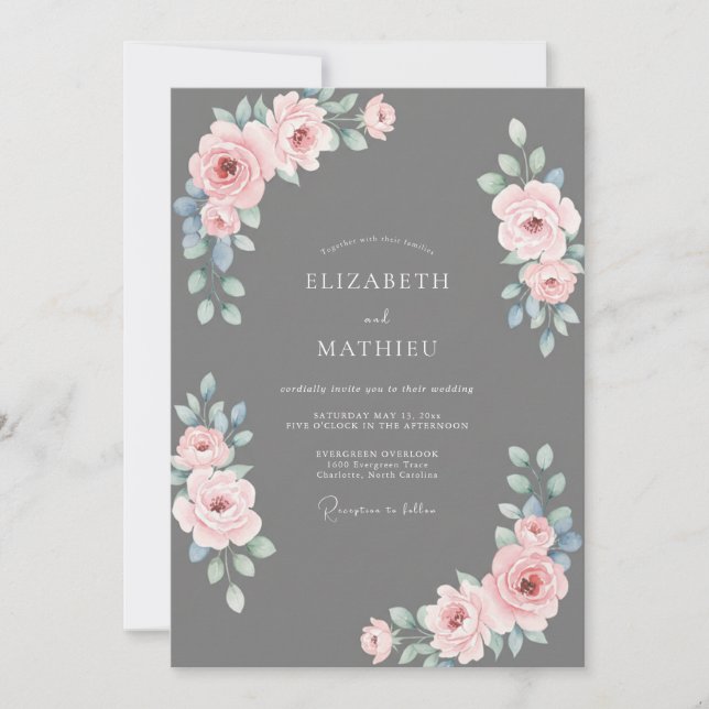 Slate Gray Graceful Rose Wedding Invitation (Front)