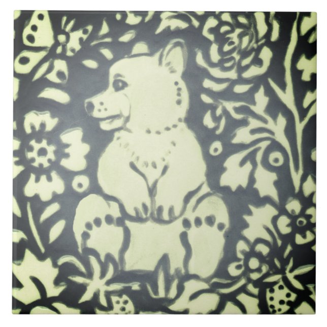 Slate Gray Green Bear Cub Floral Woodland Nature Ceramic Tile (Front)