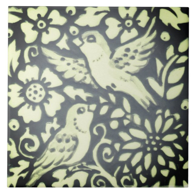 Slate Gray Green Bird Floral Foliage Woodsy Nature Ceramic Tile (Front)