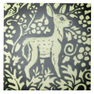Slate Gray Green Fawn Deer Floral Woodland Nature Ceramic Tile