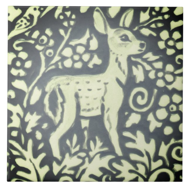 Slate Gray Green Fawn Deer Floral Woodland Nature Ceramic Tile (Front)