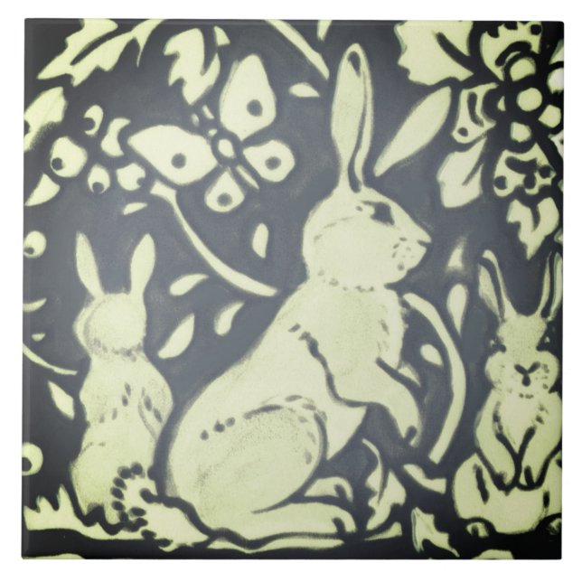 Slate Gray Green Rabbit Floral Woodland Nature Ceramic Tile (Front)