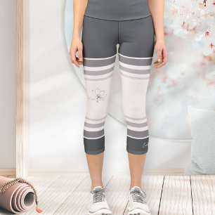 Slate Gray Ivory Floral Line Art Athletic Stripes Capri Leggings