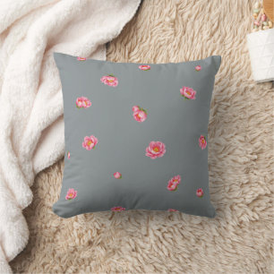Slate Gray Japanese Winter Peony Floral Pattern Throw Pillow