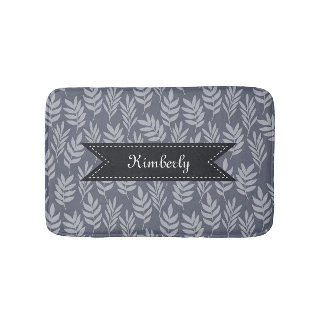 Slate Gray Leaves Elegant Pattern With Luxe Name Bathroom Mat (Front)