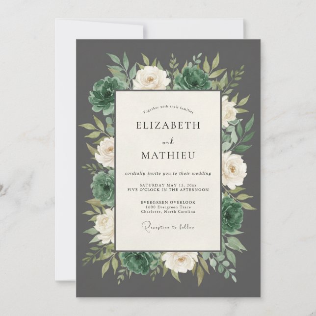 Slate Gray Lush Botanical Wedding Invitation (Front)