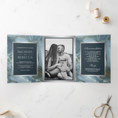 Slate Gray Marble Faux Silver Foil Photo Wedding Tri_Fold Invitation