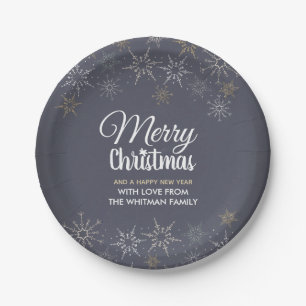 Slate Gray Merry Christmas Snowflakes Paper Plates
