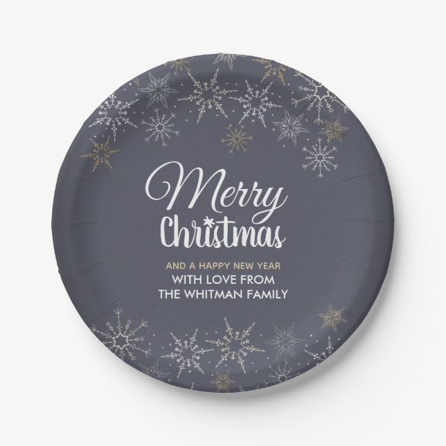 Slate Gray Merry Christmas Snowflakes Paper Plates (Front)