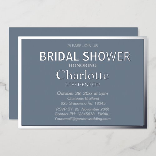 Slate Gray Modern  Classic Bridal Shower Silver  Foil Invitation