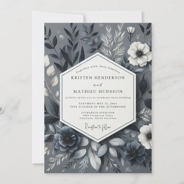 Slate Gray Nocturnal Botanicals Wedding Invitation (Front)