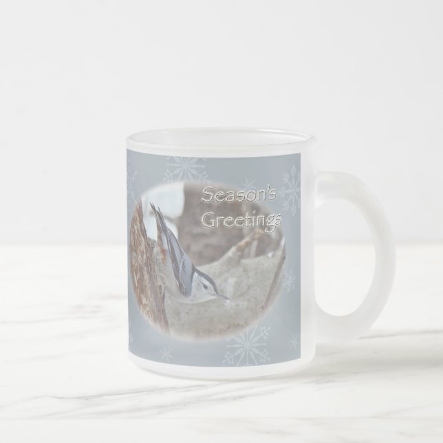 Slate Gray Nuthatch Songbird Seasons Greetings Frosted Glass Coffee Mug (Right)