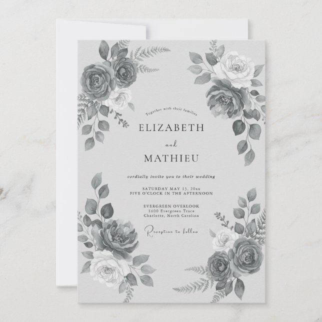 Slate Gray Romantic Floral Wedding Invitation (Front)