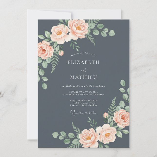 Slate Gray Romantic Rose Wedding Invitation (Front)
