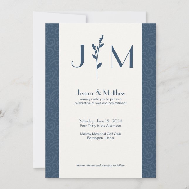 Slate Gray Rustic Damask All-in-One Wedding Invitation (Front)