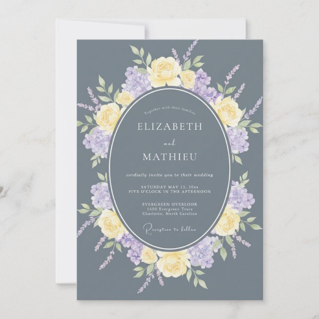 Slate Gray Tranquil Floral Wedding Invitation (Front)