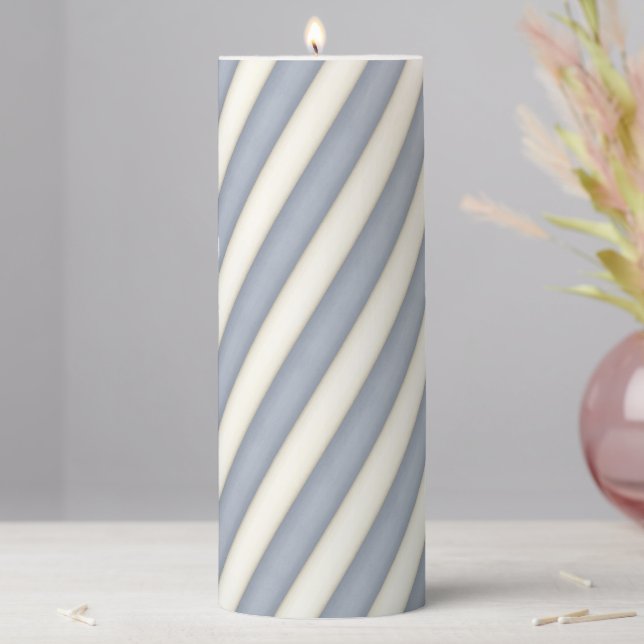 Slate Gray & White Spiraling Stripes Pillar Candle (In Situ)