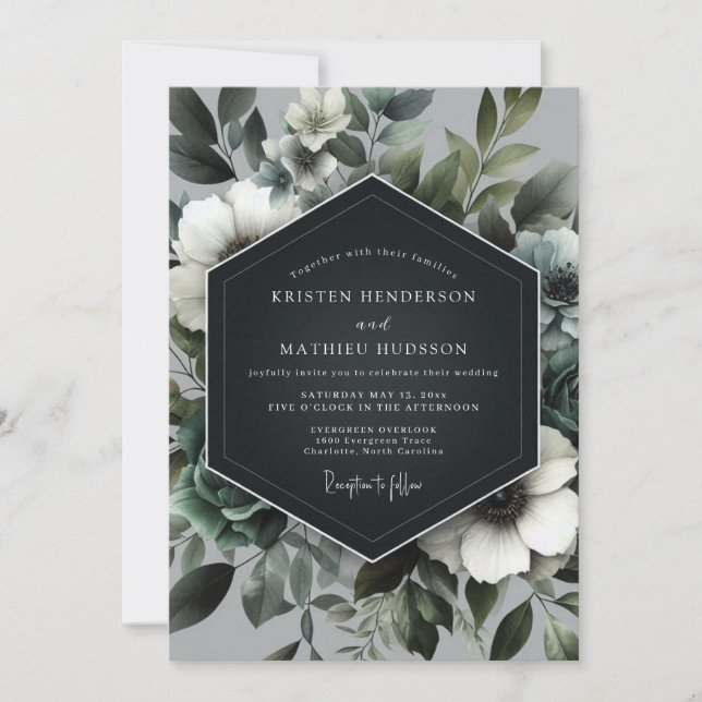 Slate Green Floral Wedding Invitation (Front)