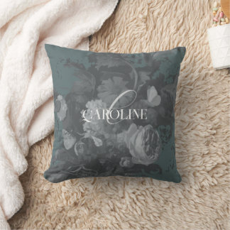 Slate Green Vintage Floral Still Life Artistic Throw Pillow